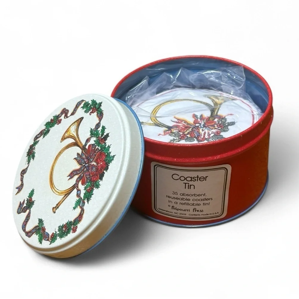 1991 Potpourri Press Reusable Absorbant Holiday Coasters Tin Christmas Themed